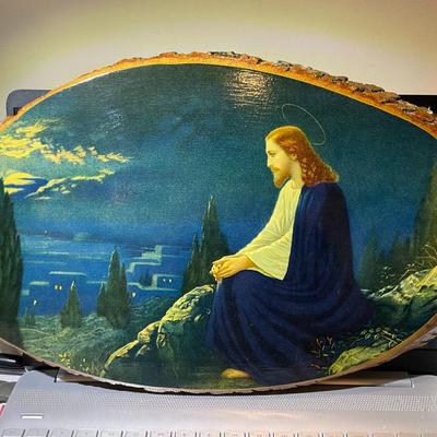 Vintage Christ on a Mountain Tree Slice Artwork 10" x 17" in Good Preowned Condition.