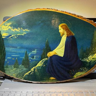 Vintage Christ on a Mountain Tree Slice Artwork 10" x 17" in Good Preowned Condition.