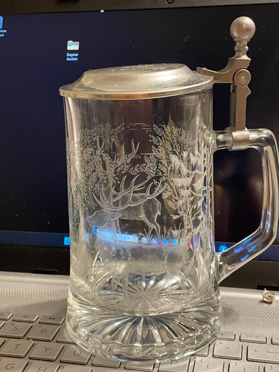 Alwe German Clear Etched Glass Beer Stein With Deer Scene 6 Tall With Pewter Engraved Lid As 9986