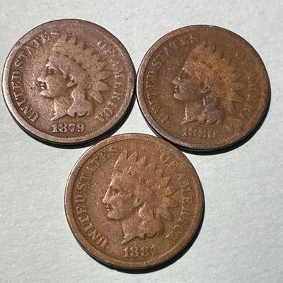 1879, 1880, & 1881 CIRCULATED CONDITION INDIAN HEAD CENTS AS PICTURED. (COIN #9).