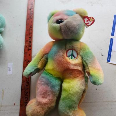 Vintage Ty Beanie BuddyPeace the Tie Dyed Teddy Bear and Mint Green Rabbit
