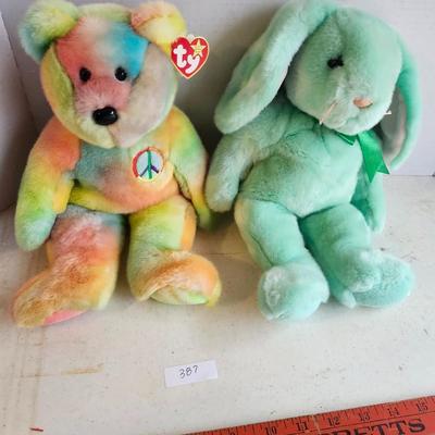 Vintage Ty Beanie BuddyPeace the Tie Dyed Teddy Bear and Mint Green Rabbit