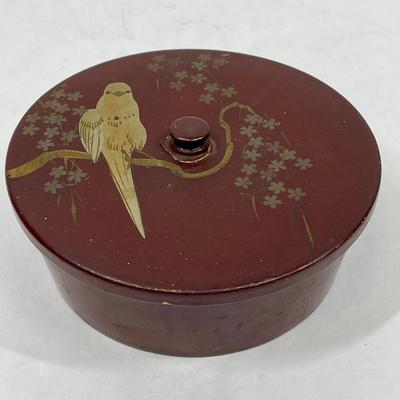 Antique Asian Lacquered Covered box with Parrot bird