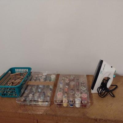 Accessories for Sewing/Fabric Care- Assortment of Thread, Iron, Ironing Board, Clothes Pins