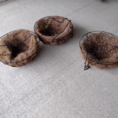 Three Metal Hanging Baskets with Coco Fiber Liners- Approx 14" in Diameter