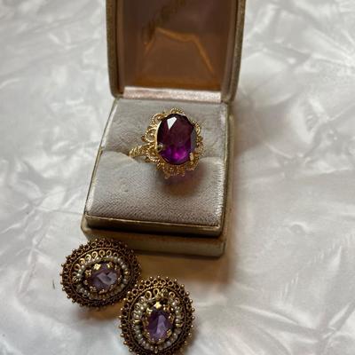 14k Gold & Amethyst Earrings & Gold & Amethyst Ring