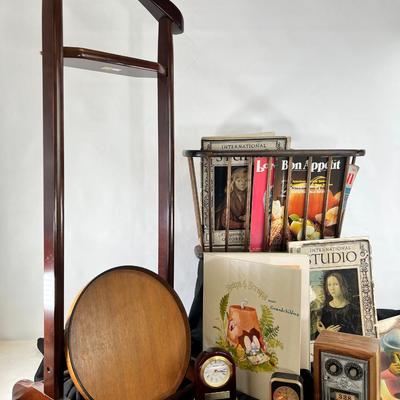 VIntage Brass floor lamp, Magazine rack, table