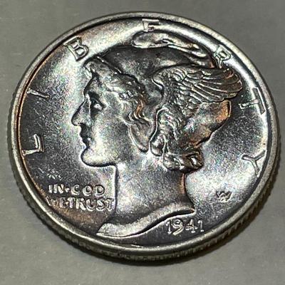 1941-P UNCIRCULATED CONDITION MERCURY SILVER DIME AS PICTURED.