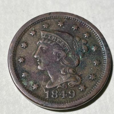 1849 CIRCULATED CONDITION U.S. BRAIDED HAIR LARGE CENT AS PICTURED.