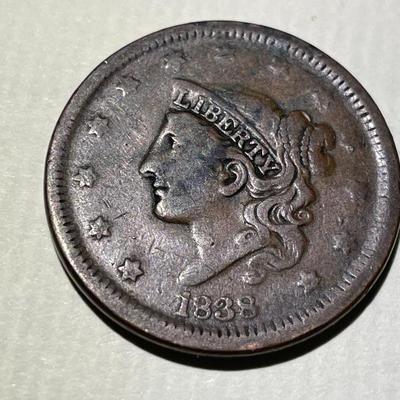 1838 CIRCULATED CONDITION U.S. CORONET VARIETY LARGE CENT AS PICTURED.