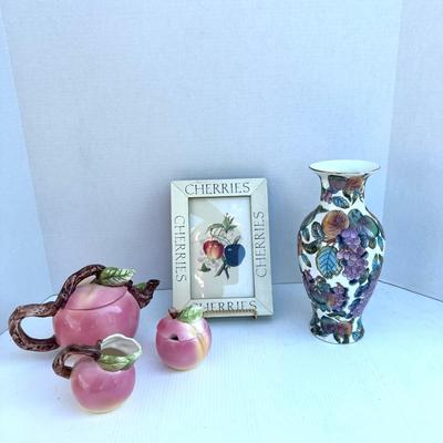 343 Ceramic Apple Teapot with Cream and Sugar by Russ with Vase