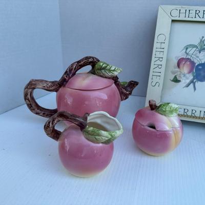 343 Ceramic Apple Teapot with Cream and Sugar by Russ with Vase