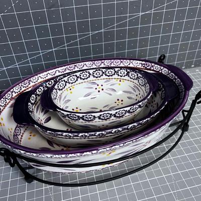 TEMPTATIONS Oval Casseroles and Serving Utensils, plus 1 Wire Cradle