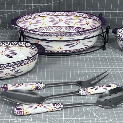 TEMPTATIONS Oval Casseroles and Serving Utensils, plus 1 Wire Cradle