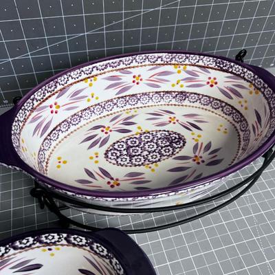 TEMPTATIONS Oval Casseroles and Serving Utensils, plus 1 Wire Cradle