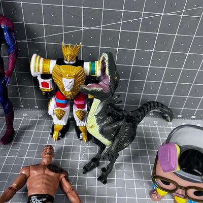 Mixed Lot OF Toys: Wrestlers, Show Gun, Dinosaurs, Spider Man