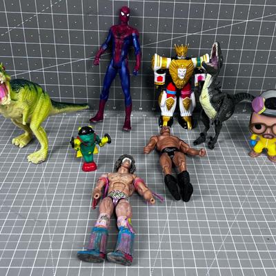 Mixed Lot OF Toys: Wrestlers, Show Gun, Dinosaurs, Spider Man