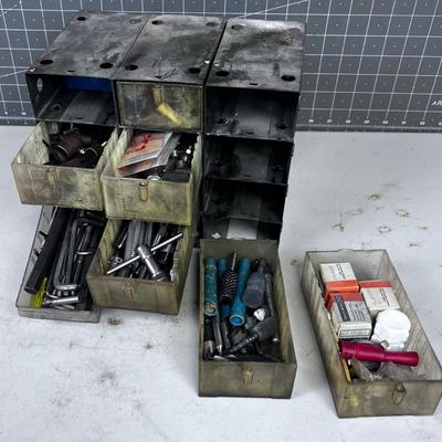 Parts Bin Full of Taps & Die, Alan Wrenches, Etc.