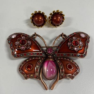 Bronze color butterfly brooch and earrings