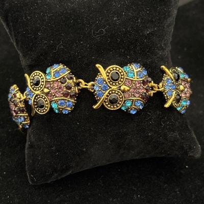 Multi Color Austrian Crystal Owl Bracelet In Goldtone (6.50 Inch - 7.50 Inch )