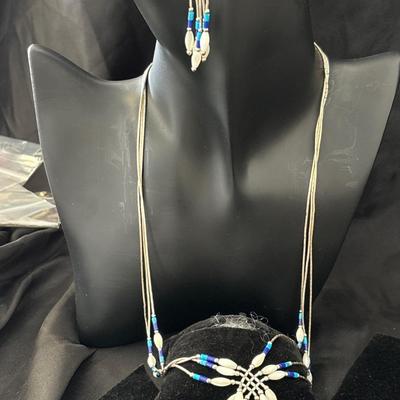925 vintage blue and white beaded silver necklace and earrings set
