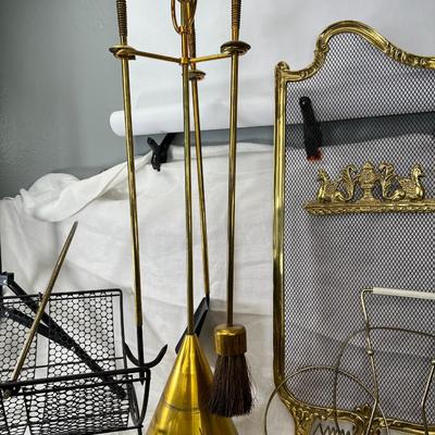 Folding Triptic MCM gold fireplace screen,wood racks and holders