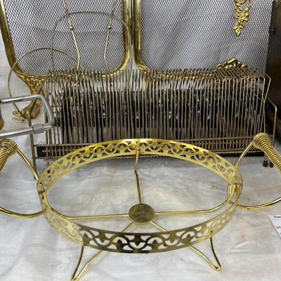 Folding Triptic MCM gold fireplace screen,wood racks and holders