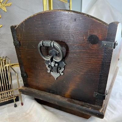 Folding Triptic MCM gold fireplace screen,wood racks and holders
