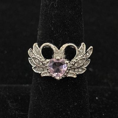Silver tone pink gem heart and swans ring