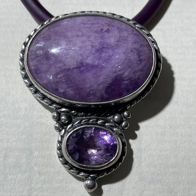 Vintage Sterling Silver Quartz & Amethyst Slide Pendant in Good Preowned Condition on a 18" Leather Necklace as Pictured.