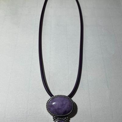 Vintage Sterling Silver Quartz & Amethyst Slide Pendant in Good Preowned Condition on a 18" Leather Necklace as Pictured.