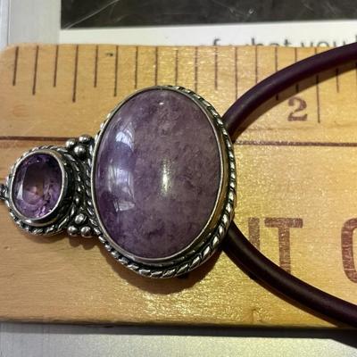 Vintage Sterling Silver Quartz & Amethyst Slide Pendant in Good Preowned Condition on a 18" Leather Necklace as Pictured.