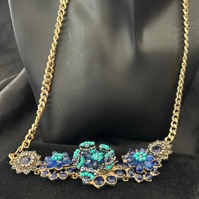 MNG gold tone statement blue flower necklace