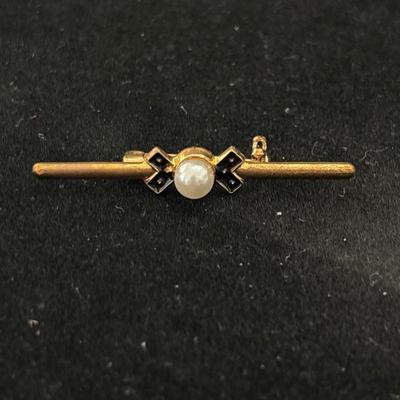Vintage Pin Brooch Gold Toned Bar Design With White Faux Pearl And Black Enamel