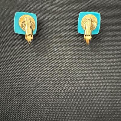 Vintage aqua square clip on earrings