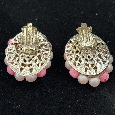 Light pink beaded Japan marked gold tone clip on earrings