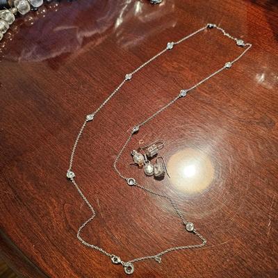 Crystal Round Bezel Silver Necklace & Earrings Set