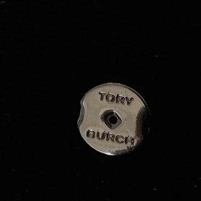 Tory Burch. Silver Tone Marked Hoop Earrings