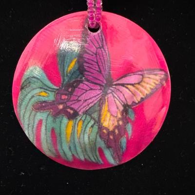 Round mother of pearl pendant, hand, painted butterfly necklace