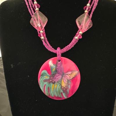 Round mother of pearl pendant, hand, painted butterfly necklace