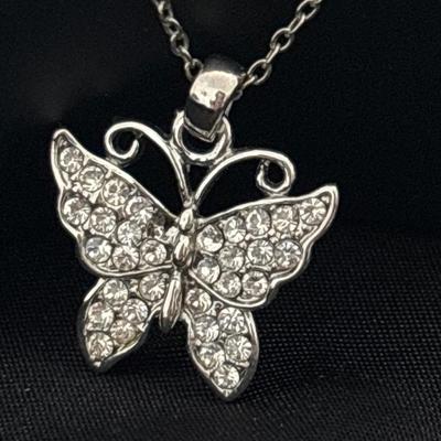 Silver tone rhinestone butterfly necklace