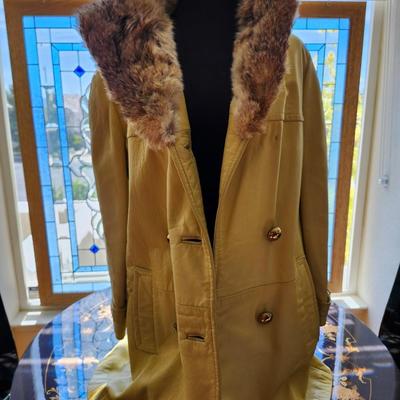 Leather Buttercup color Jacket with Rabbit collar