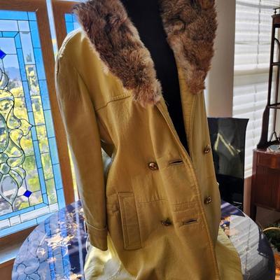Leather Buttercup color Jacket with Rabbit collar