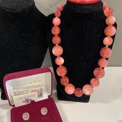 Camrose & Kross pink earrings with large lucite bead necklace and bracelet