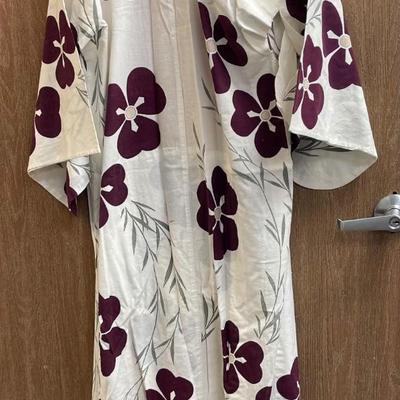 Vintage Authentic Japanese Yukata Kimono Decorated with Purple Orchids Flowers
