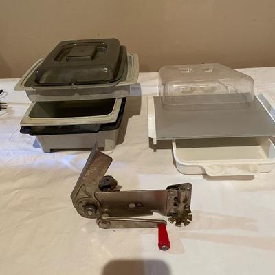 MICROWAVE COOKWARE & A WALL MOUNTED CAN OPENER