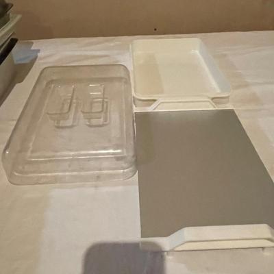 MICROWAVE COOKWARE & A WALL MOUNTED CAN OPENER