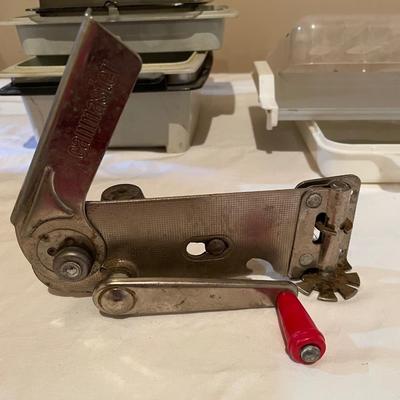 MICROWAVE COOKWARE & A WALL MOUNTED CAN OPENER