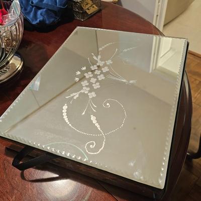 Vintage Etched Mirrored Glass Jewelry Box