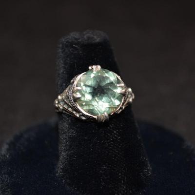 925 Sterling Filigree Ring with Green Amethyst Size 6.5 3.7g